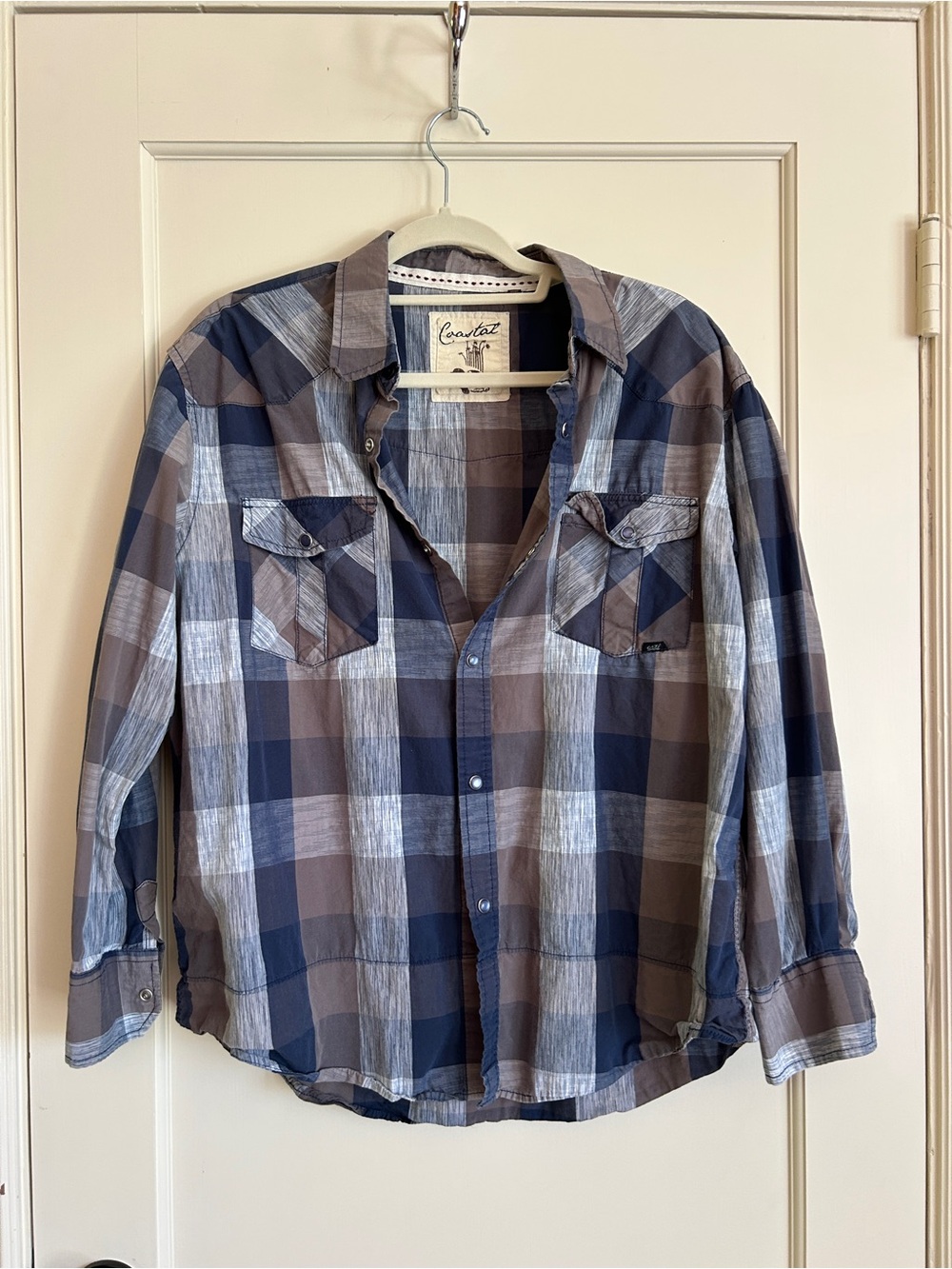 Women's Blue and Gray Plaid Button-Down Shirt